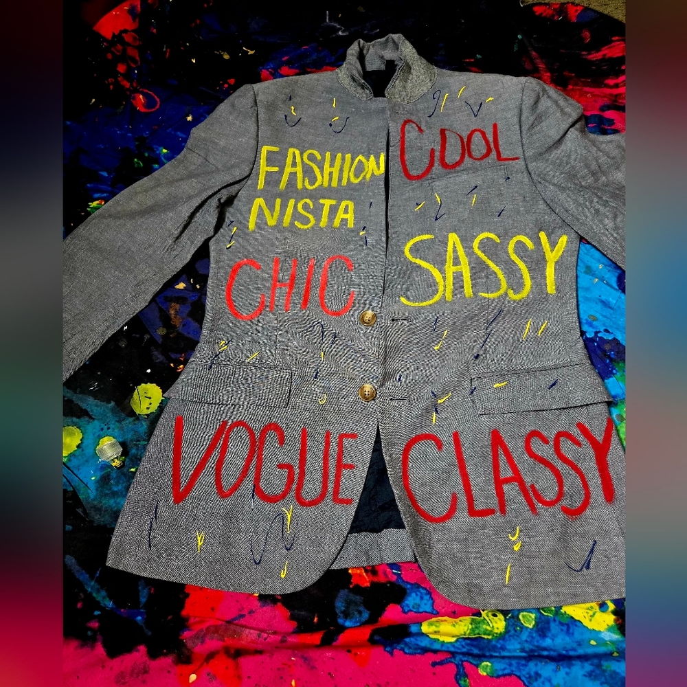 Gray Blazer with Colorful Text